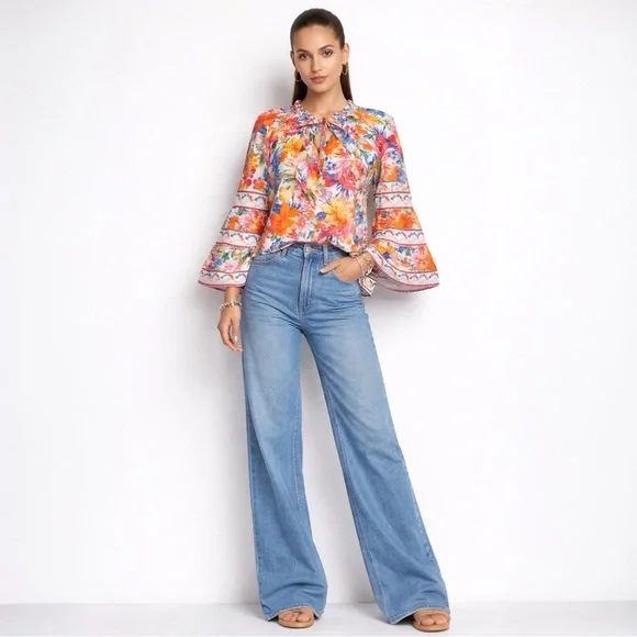 Hale Bob Top Lucinda Pink Orange Blue Floral Bell Sleeve Boho Resort Blouse M - Picture 12 of 15